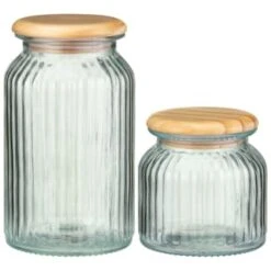 B&M Small Ribbed Glass Jar With Wooden Lid 9 B&M Small Ribbed Glass Jar With Wooden Lid -Home Furnishing Specialty Store 394426 394427 ribbed glass jar with wooden lid group